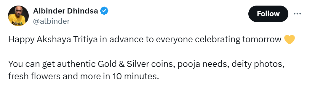 Albinder Dhindsa said that the quick commerce platform will deliver gold and silver coins in 10 minutes